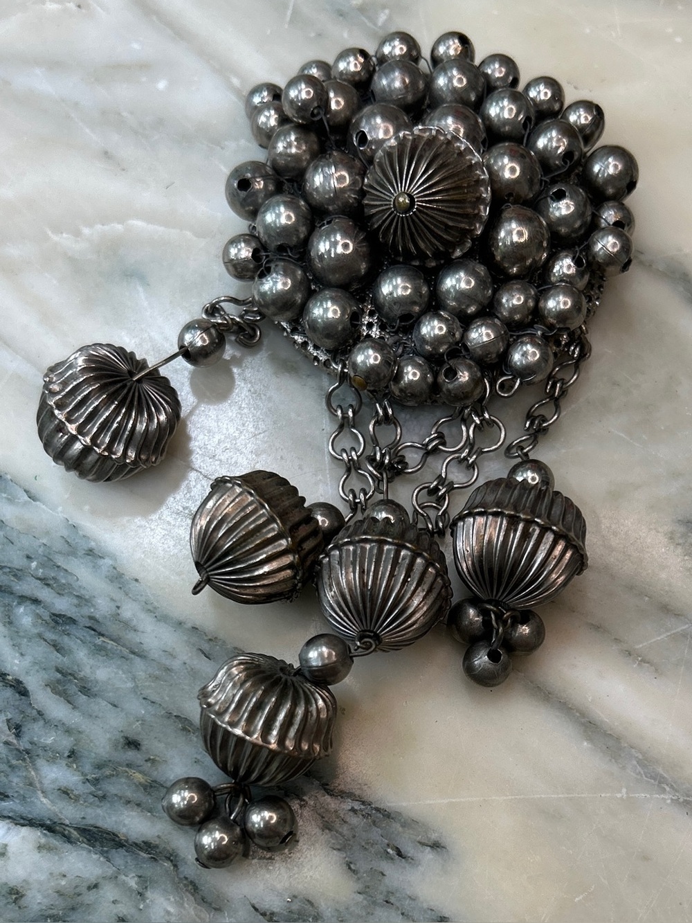 Antique Silver Tone Beaded Brooch